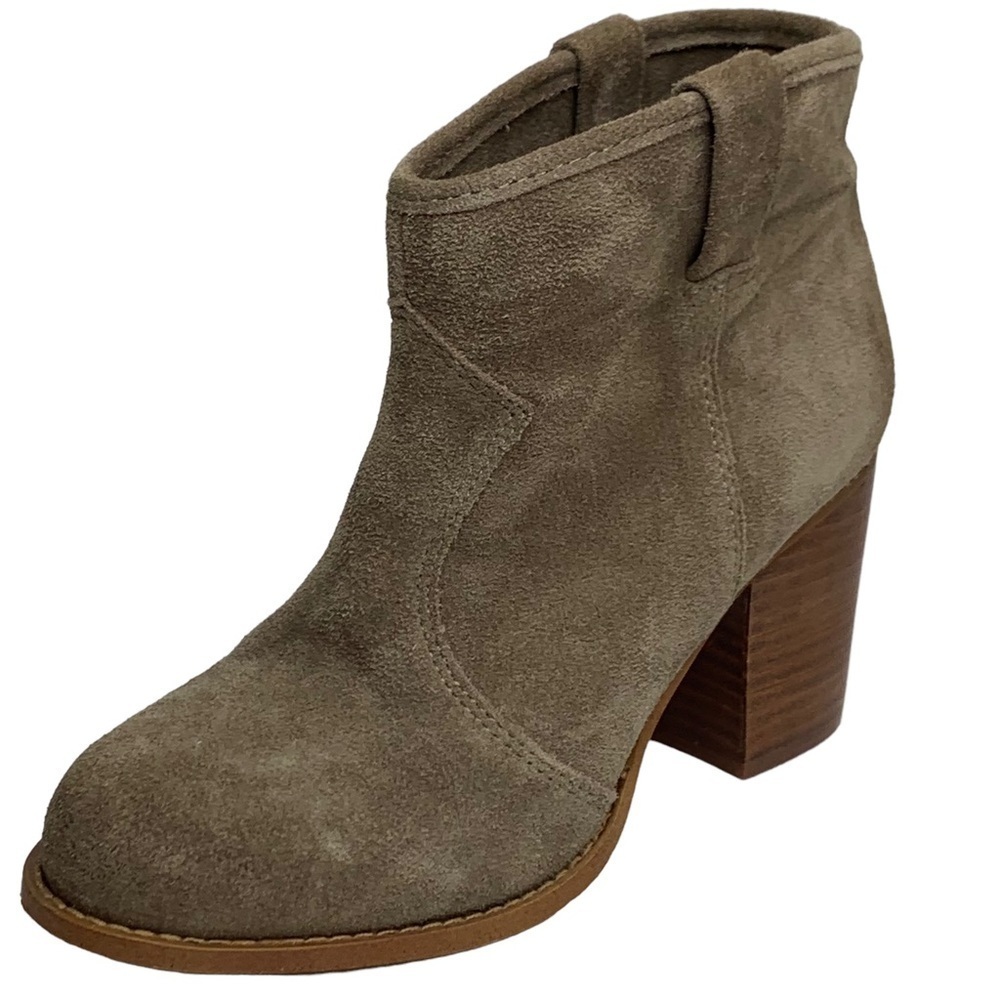 Splendid Gray Taupe Suede Ankle Bootie 2”Stacked Heel Rubber Comfort Outer Sole